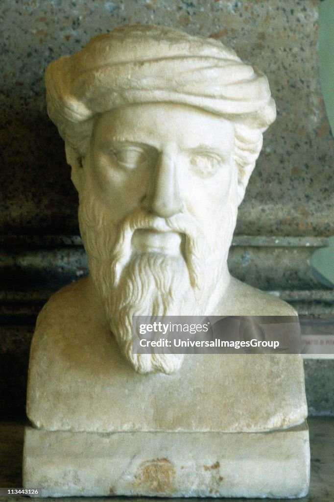 Pythagoras (6th century BC) Ancient Greek mathematician and philosopher. Portrait bust...