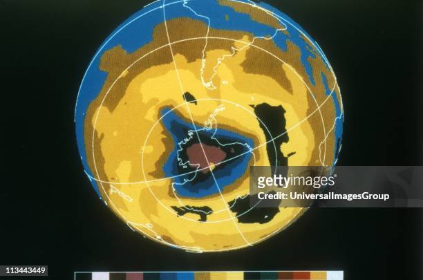 False colour image of Antarctic ozone hole, 30 November 1992. NASA photograph.