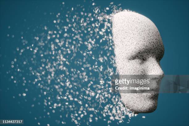 face 3d humana com desintegrando letras hexadecimais - deep learning - fotografias e filmes do acervo
