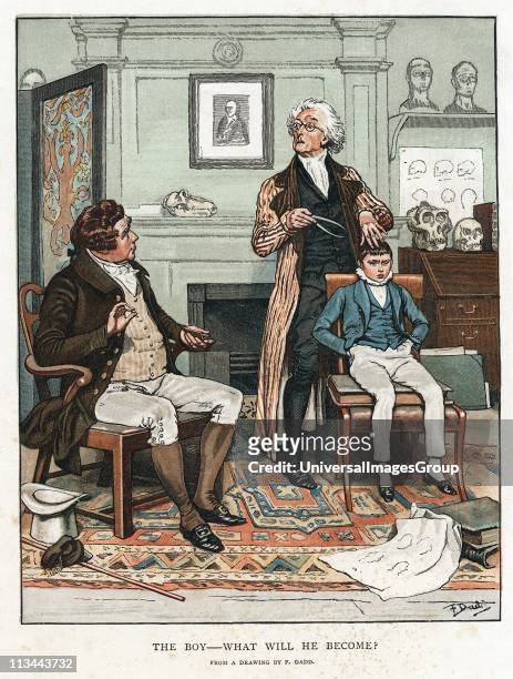 Phrenology: measuring bumps on boy's head to assess his future. On wall is picture of Gall founder of the theory that shape of skull related to...