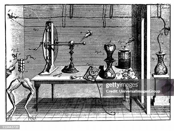 Plate from Luigi Galvani De Viribus Electricitatis, Bologna showing electrostatic machine, Leyden jar, and various experiments conducted by Galvani...