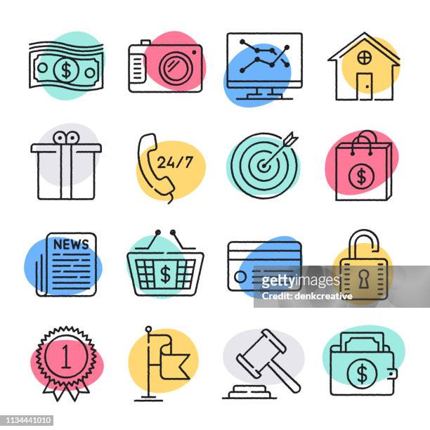 online marketplace ecosystem doodle style vector icon set - selling books stock illustrations