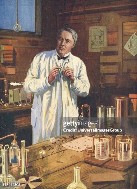Thomas Alva Edison American inventor, at work on incandescent light bulbs in his laboratory at Menlo Park.