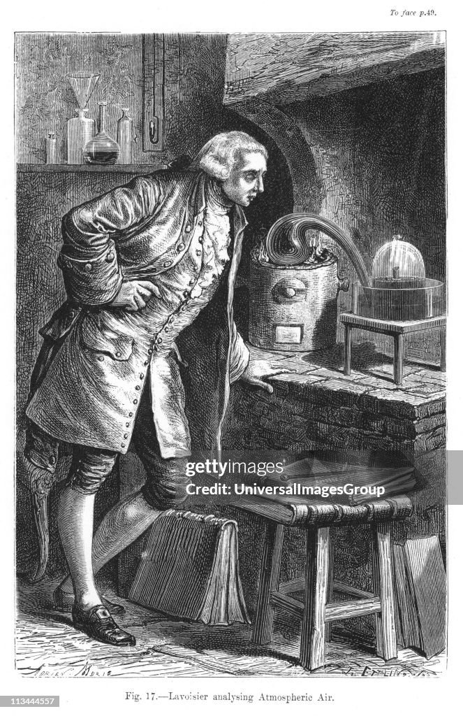 Antoine Laurent Lavoisier (1743-1894) French chemist, investigating the existence of oxygen in the air: experiment in which he obtained mercuric oxide. From Camille Flammarion The Atmosphere, London, 1873. Engraving...