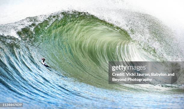 surfing up to the crest of a barrel wave at jones beach, long island - wildunfall stock-fotos und bilder