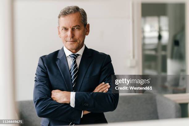 portrait of mature businessman with arms crossed in his office - necktie stock pictures, royalty-free photos & images