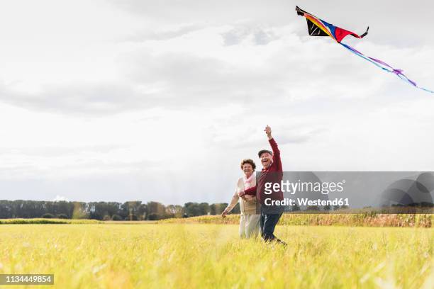 happy senior couple flying kite in rural landscape - frau wiese bewegt stock-fotos und bilder