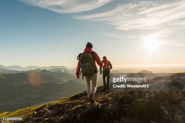 austria, salzkammergut, couple hiking in the mountains - escursionismo foto e immagini stock