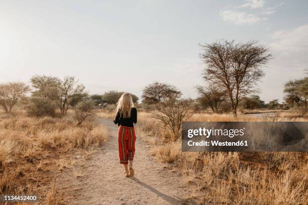 africa, namibia, blonde woman walking on way in grassland - namibia women stock pictures, royalty-free photos & images