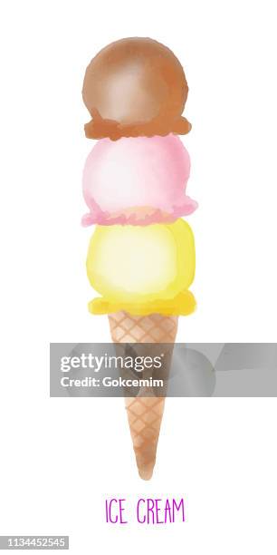 ilustraciones, imágenes clip art, dibujos animados e iconos de stock de helado de acuarela. cuchara de helado de fresa, limón y chocolate con cono. helado scoop clip art. - cuchara-de-helado
