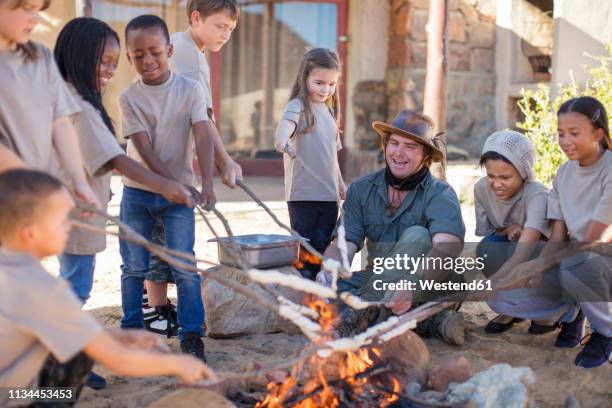 children and guide roasting twist bread at camp fire - girl scout camp stock pictures, royalty-free photos & images