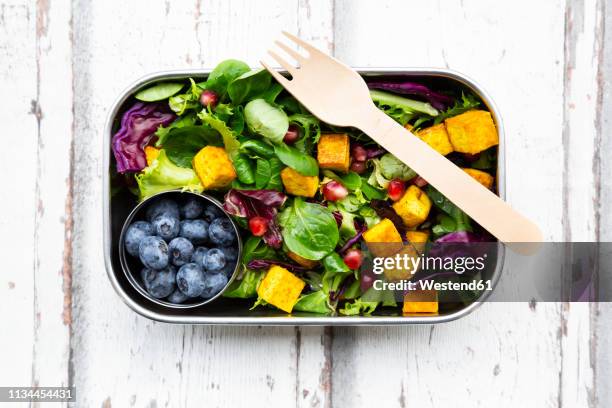 mixed salad with roasted tofu, red cabbage, pomegranate seeds, blueberries and curcuma in lunch box - lunch box stock-fotos und bilder