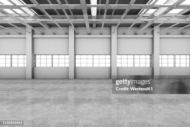 architecture visualization of an empty warehouse, 3d rendering - oberlicht stock-grafiken, -clipart, -cartoons und -symbole