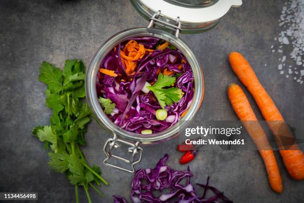 homemade red cabbage, fermented, with chili, carrot and coriander, in a preserving jar - gären stock-fotos und bilder