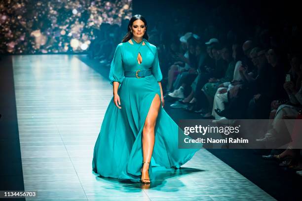 Model Ashley Graham showcases designs by Jason Grech at Melbourne Fashion Festival on March 7, 2019 in Melbourne, Australia.