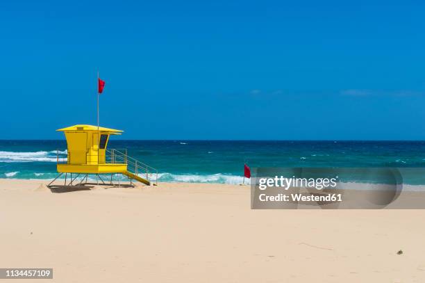 spain, canary islands, fuerteventura, parque natural de corralejo, lifeguard hut on the beach - lifeguard tower fotografías e imágenes de stock