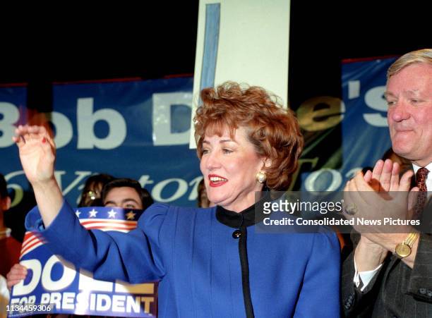 American former politician Elizabeth Dole waves during a Presidental campaign rally for her husband , Nashua, New Hampshire, February 17, 1996.