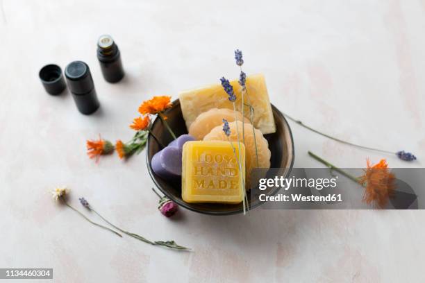 various glycerin soaps with caustic soda - pot marigold stock pictures, royalty-free photos & images