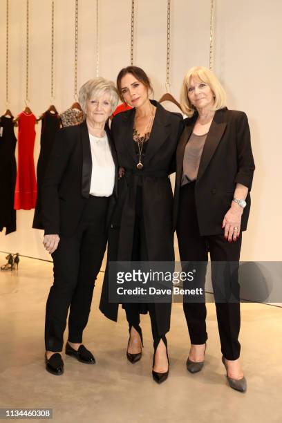 Jackie Adams, Victoria Beckham and Sandra Beckham attend the International Women's Day edition of Breakfast at Annabel's with Victoria Beckham OBE,...