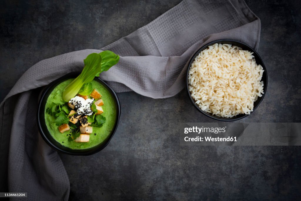 Green thai curry with spinach, pak choi, tofu, sour cream, black sesame and jasmine rice