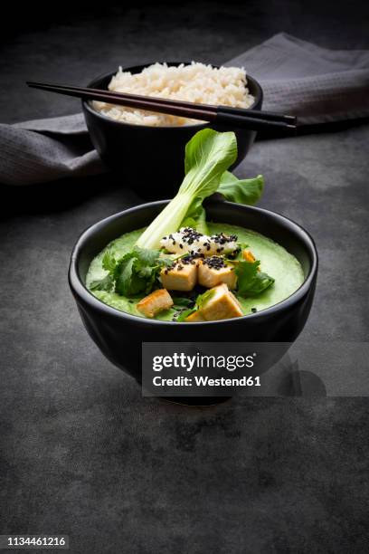 green thai curry with spinach, pak choi, tofu, sour cream, black sesame and jasmine rice - tofu stock pictures, royalty-free photos & images