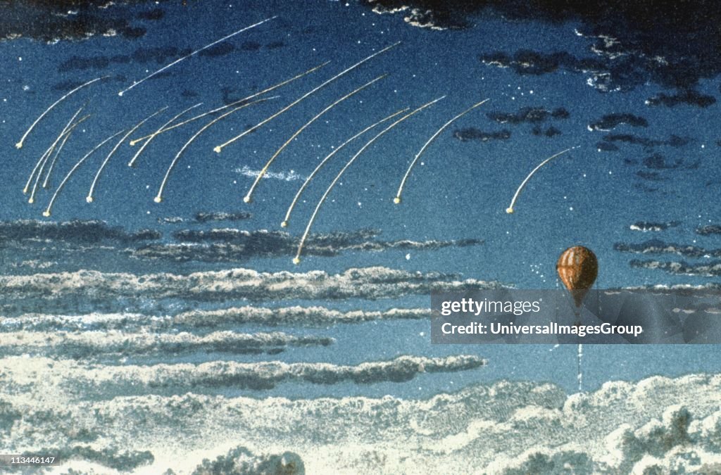 Leonid meteor shower. The Leonids are visible in the night sky during November, and this observation was made by the French aeronauts Henri Giffard (1825-1882) and W de Fonvielle during a trip in the balloon 'L'Hirondelle'. From Voyages Aeriens. (Paris, 1...