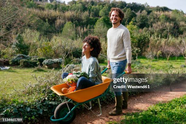 woman sitting in wheelbarrow, holding fresh vegetables, man pushing her - schubkarre stock-fotos und bilder