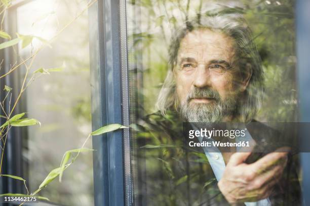 senior businessman standing by window, using smartphone - smart windows photos et images de collection