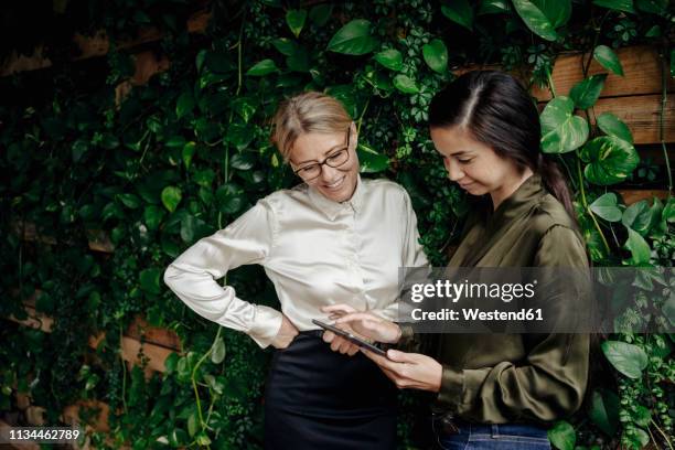 two businesswomen in green office looking at tablet - kantoor milieus stockfoto's en -beelden