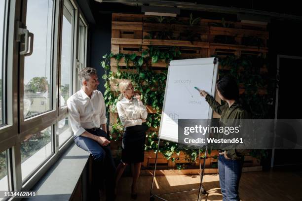 business people working with flip chart in green office - kantoor milieus stockfoto's en -beelden