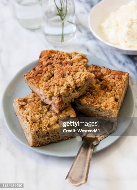 rhubarb cake and cake server on plate - kruimeltaart nagerecht stockfoto's en -beelden