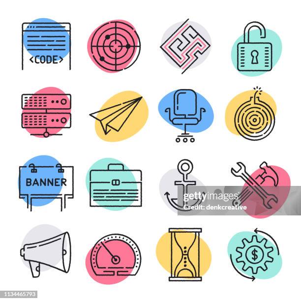 software development team doodle style vector icon set - multitasking computer stock illustrations