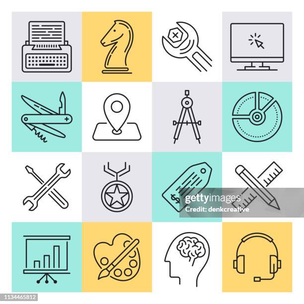 creative thinking & brainstorming outline style vector icon set - typewriter isolated stock illustrations