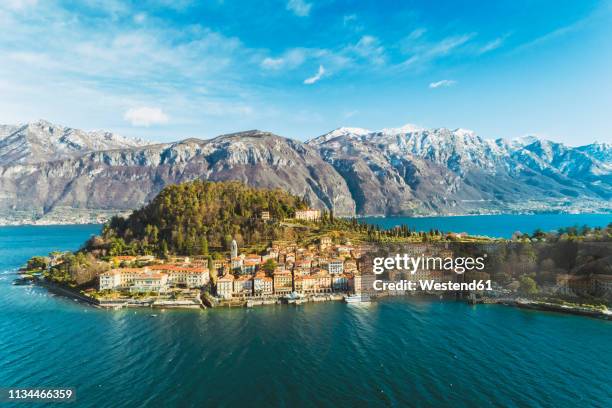 italy, lombardy, aerial view of bellagio and lake como - como italy stock pictures, royalty-free photos & images