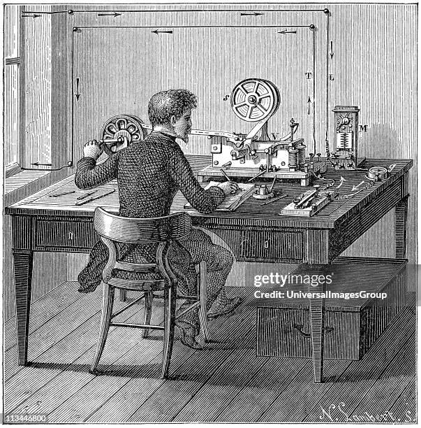 Operator receiving a message in Morse code on printing telegraph. In box under table are the wet cells supplying electricity. Wood engraving 1887