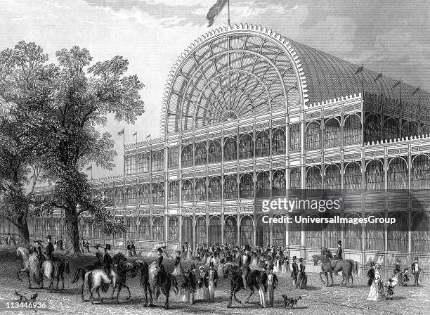 Exterior of the North Transept of the Crystal Palace, London, at the time of the Great Exhibition of 1851. Steel engraving 1851