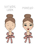 different look cute girl with natural beauty and makeup on her face vector illustration