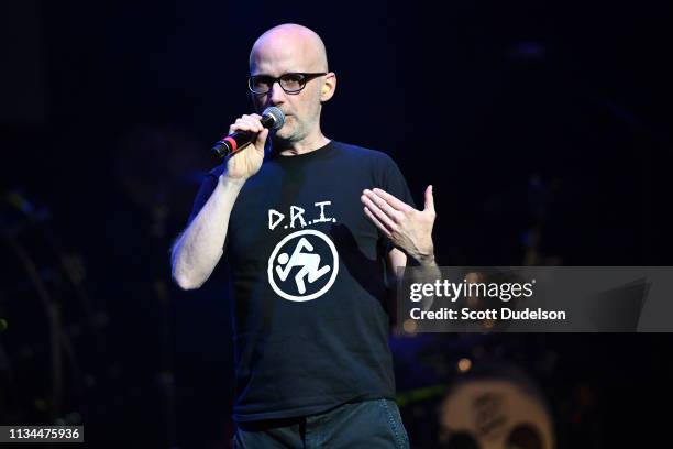 Musician Moby performs onstage during the 7th Annual Adopt the Arts Benefit Gala at The Wiltern on March 07, 2019 in Los Angeles, California.