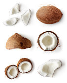 Set of coconut pieces isolated on white, top view