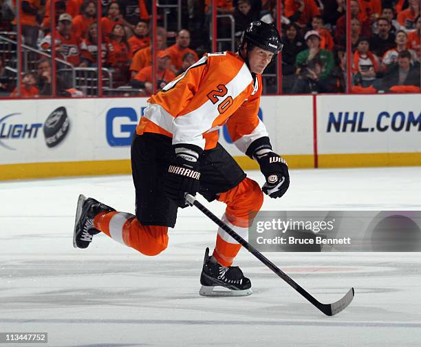 Chris Pronger of the Philadelphia Flyers skates against the Boston Bruins in Game One of the Eastern Conference Semifinals during the 2011 NHL...