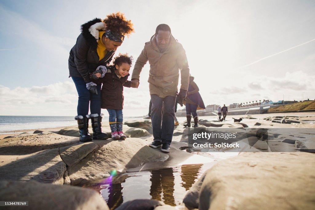 Three Generation Family Walking On The Beach