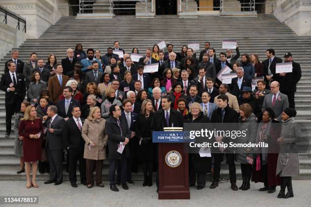 Rep. John Sarbanes rallies with fellow Democrats before voting on H.R. 1, or the People Act, on the East Steps of the U.S. Capitol March 08, 2019 in...