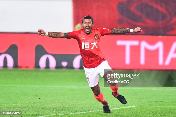 Paulinho of Guangzhou Evergrande celebrates after scoring his team's first goal during the second round match of 2019 Chinese Football Association...