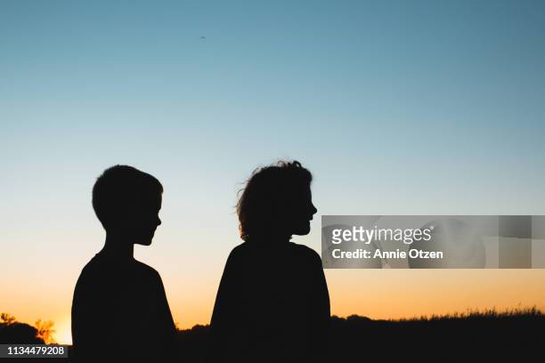 silhouette of boy and girl - lane sisters stockfoto's en -beelden