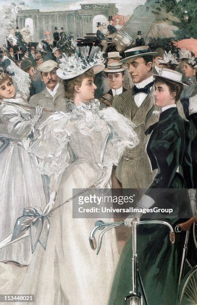 Theresa, Marchioness of Londonderry, English political hostess watching society ladies cycling in Hyde Park, London. From Vanity Fair London, June...