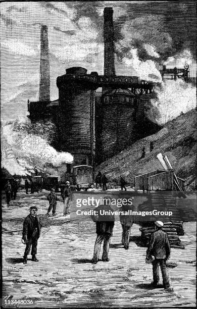 Blast furnaces at Siemens Iron and Steel Works, Landore, South Wales. Wood engraving 1885