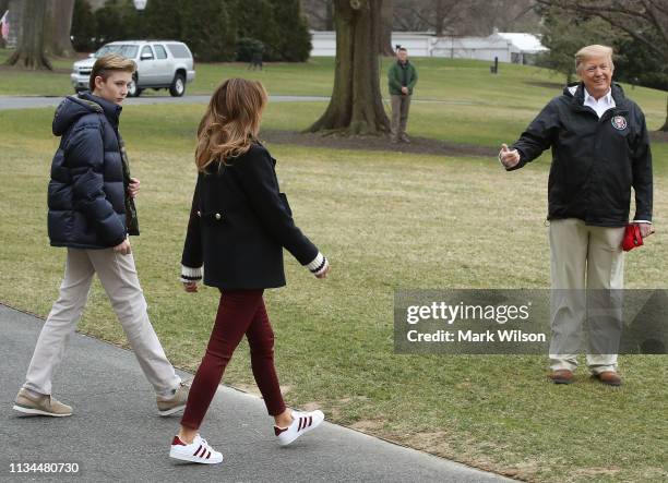 President Donald Trump, First lady Melania Trump and their son Barron Trump , depart from the South Lawn of the White House on March 8, 2019 in...