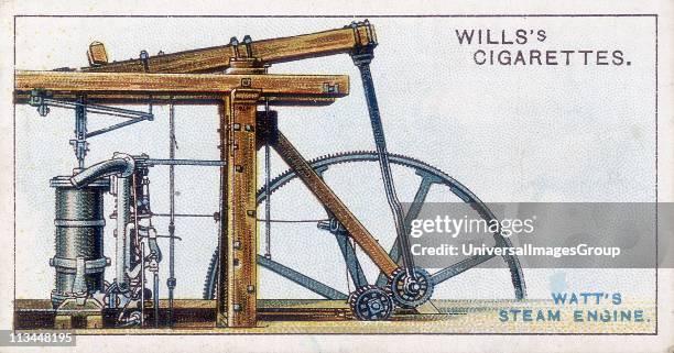 Steam engine by James Watt showing sun-and-planet gear converting up-and-down motion of beam to rotary motion for driving machinery. From card...