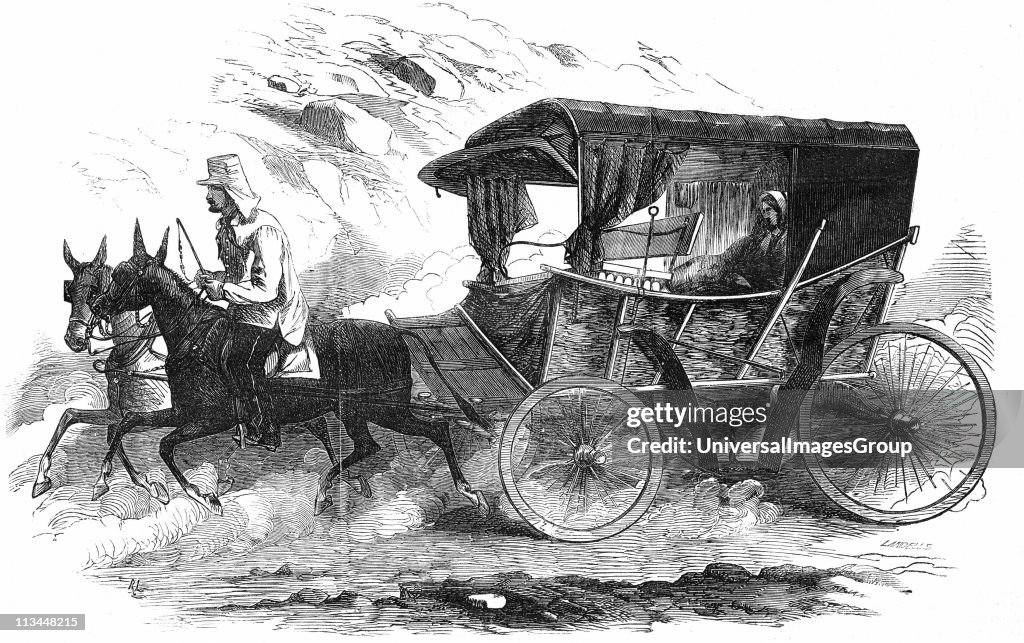 Florence Nightingale (1820 -1910) English nurse, in her carriage in the Crimea. 'It is a homely vehicle corresponding to the womanly simplicity of her whom it was employed to convey'. From The Illustrated London News, 30 August 1856. Wood engraving.
