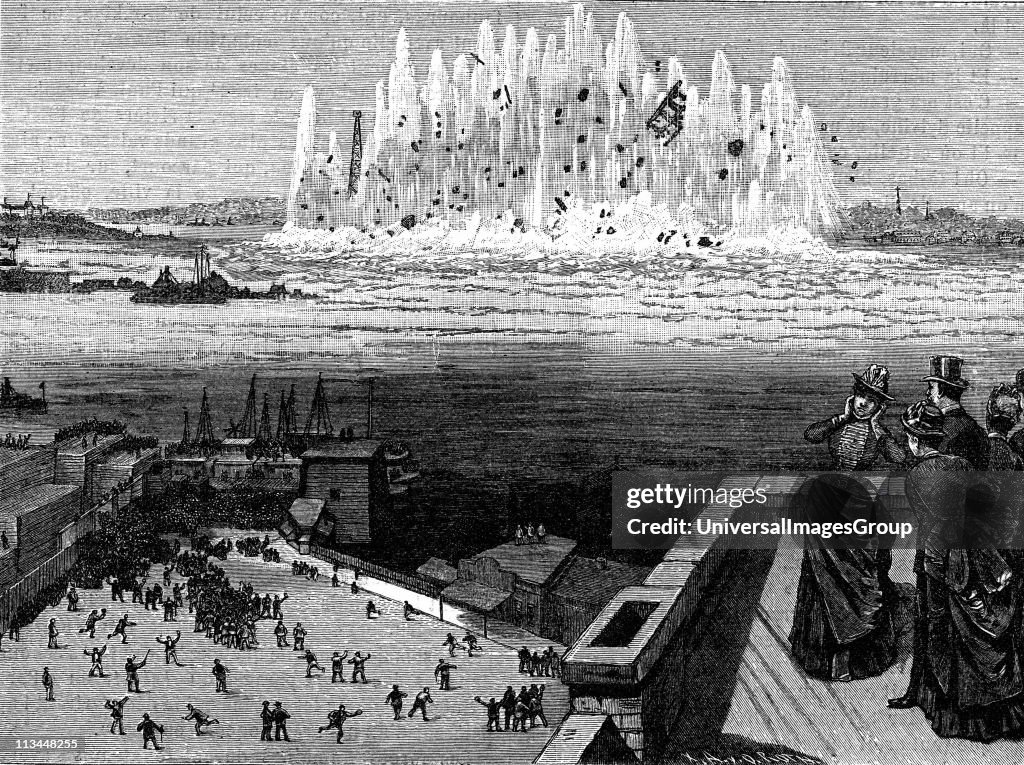 Blowing up Flood Rock, part of the Hell Gate Rocks complex which prevented large vessels reaching New York Harbour, and presented a hazard to smaller ones. Dynamite was the explosive used. From Le Journal de la Jeunesse, Paris, 1886.
